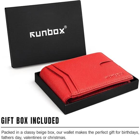 RUNBOX Red Wallet for Men Slim Rfid Leather 2 ID Window With Gift Box - Picture 3 of 4